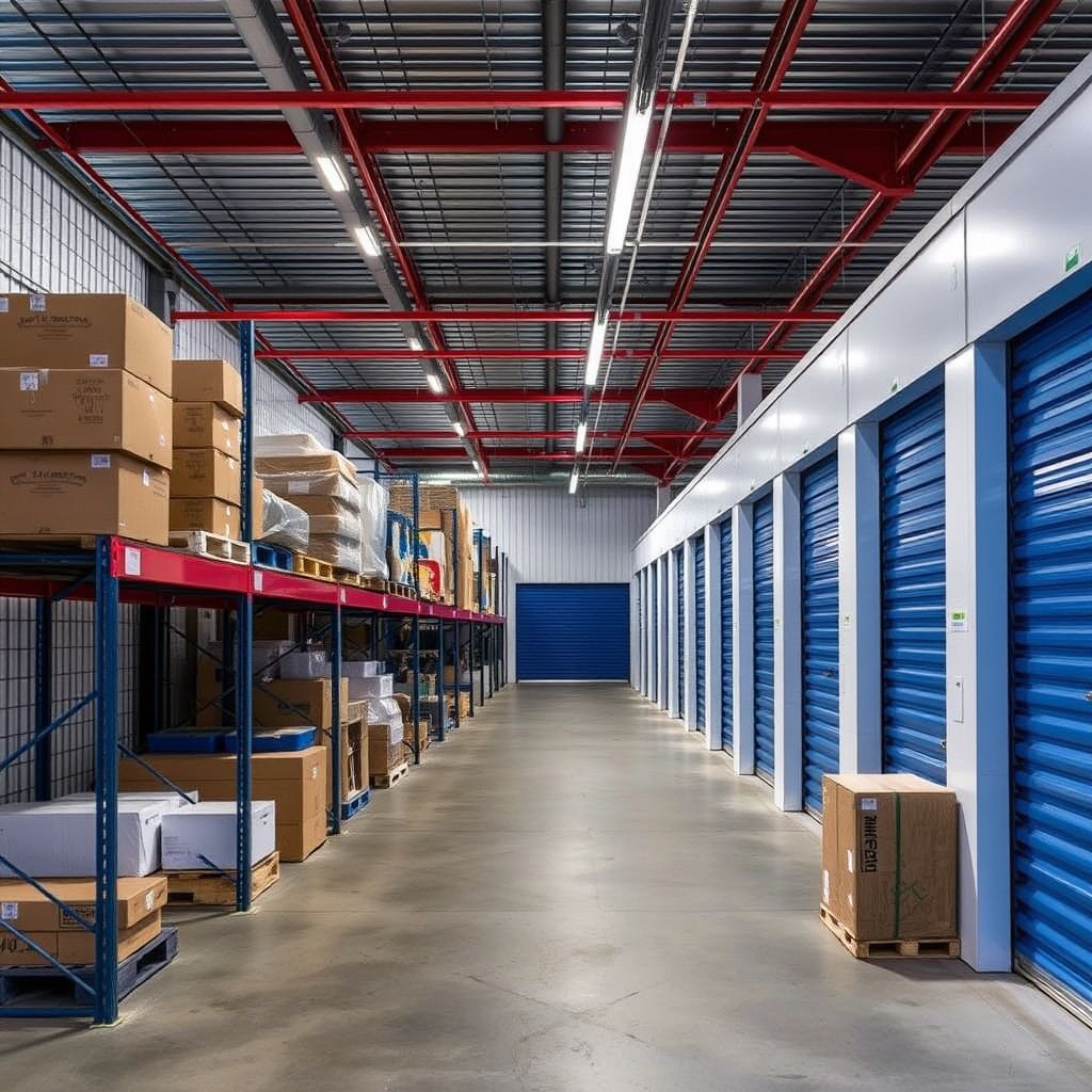 Racked stock alongside a row of storage unit doors