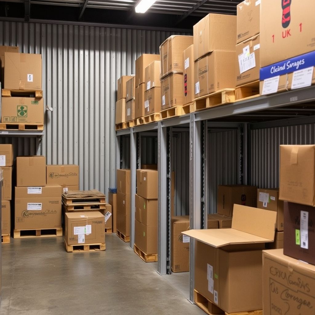 Boxes of stock on shelving inside a storage unit
