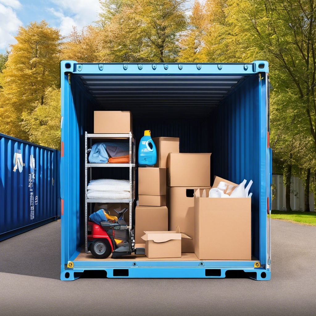 Blue storage container packed with household boxes
