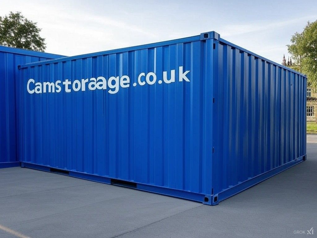Blue CamStorage shipping container on a concrete yard