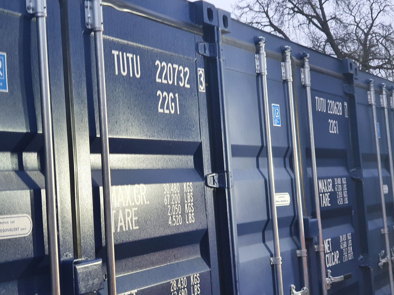 Blue steel storage container doors