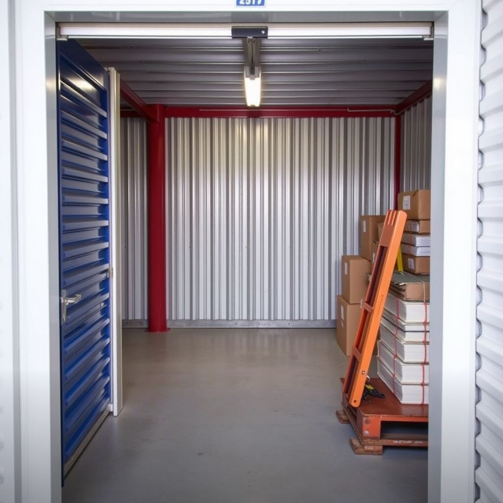 Inside a storage unit with racking and stored items
