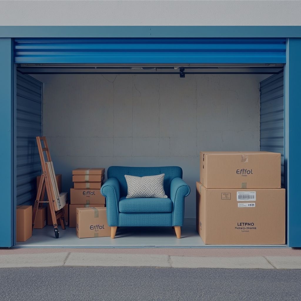 Storage unit holding an armchair and household boxes